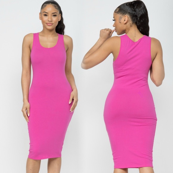 Pink Sleeveless Bodycon Midi Stretchy Dress - Picture 3 of 7
